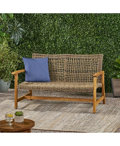 Mondawe Outdoor Wood Wicker Loveseat - Patio Conversation Set for Backyard