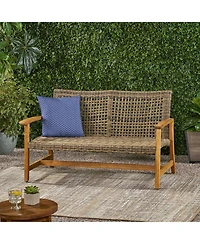Mondawe Outdoor Wood Wicker Loveseat - Patio Conversation Set for Backyard