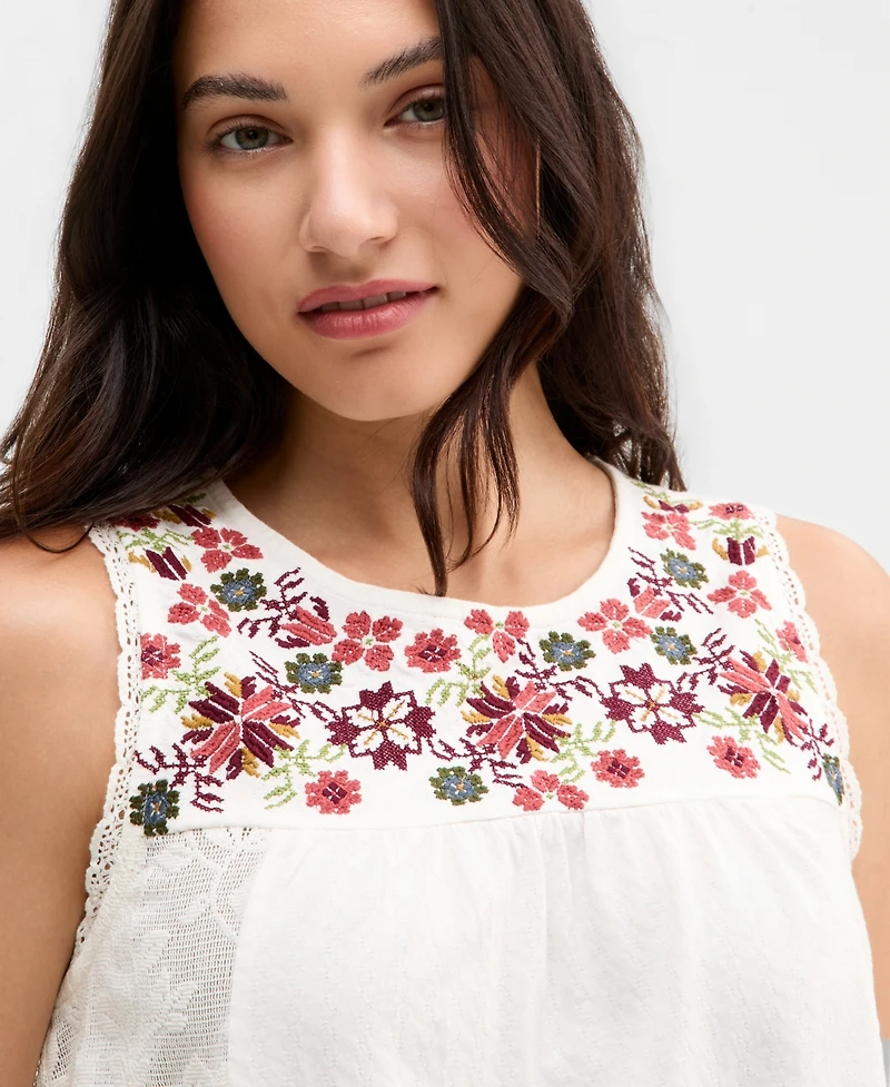 Lucky Brand Women's Embroidered-Yoke Lace-Inset Top