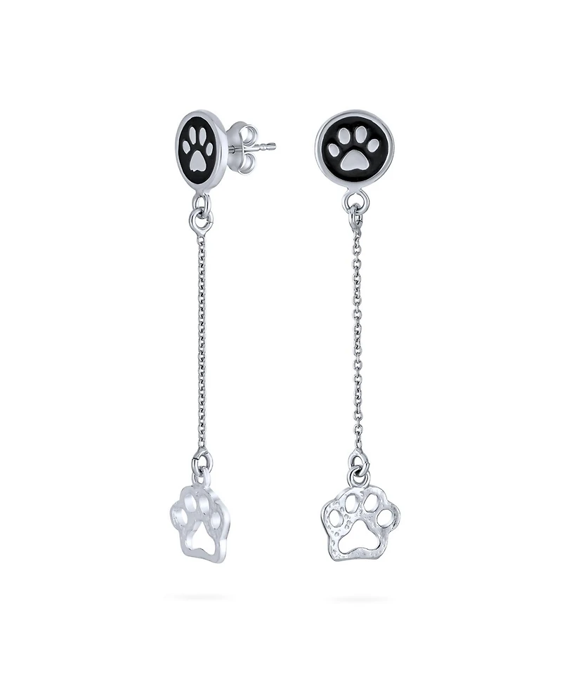 Bling Jewelry Bff Animal Lover Black Enamel Pet Paw Print Long Dangle Earrings .925 Sterling Silver