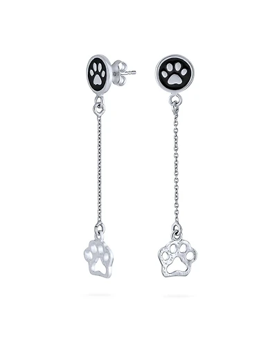 Bling Jewelry Bff Animal Lover Black Enamel Pet Paw Print Long Dangle Earrings .925 Sterling Silver