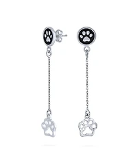 Bling Jewelry Bff Animal Lover Black Enamel Pet Paw Print Long Dangle Earrings .925 Sterling Silver