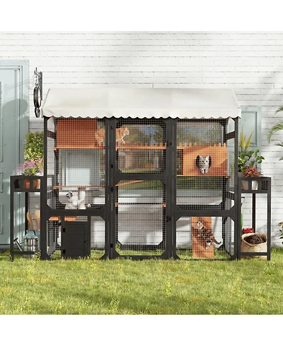 6thdruple Outdoor Cat Enclosure, Multi-Level Wood Catio with Plant Stands, Roof for Backyard Patio