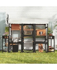 6thdruple Outdoor Cat Enclosure, Multi-Level Wood Catio with Plant Stands, Roof for Backyard Patio