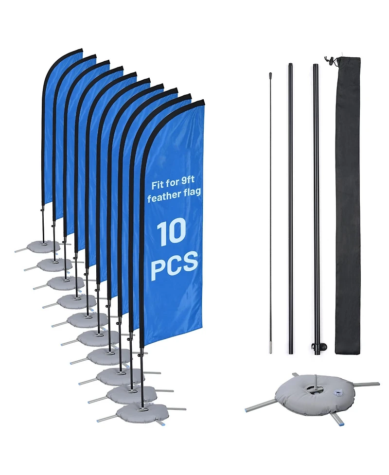 InstaHibit 10 Pack 9ft Feather Flag Pole Kit with Cross Base Stand and Weight Bag