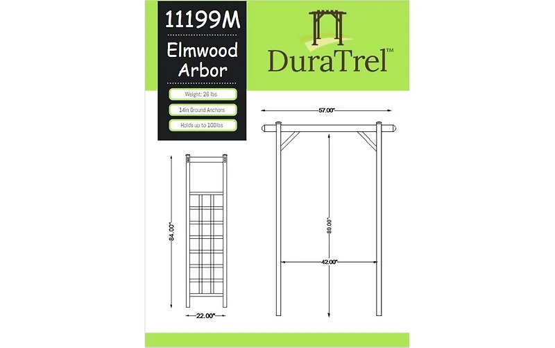 Dura-Trel Inc Elmwood Arbor 57" x 84" Pvc Outdoor Garden Arch Lattice Trellis, Mocha