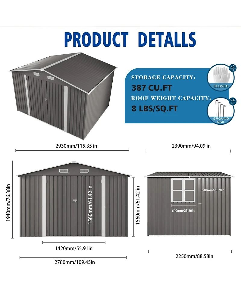 Mondawe 10 x 8 Feet Outdoor Metal Storage Shed with Double Door, Window and Vent, Lockable Garden Tool Shed