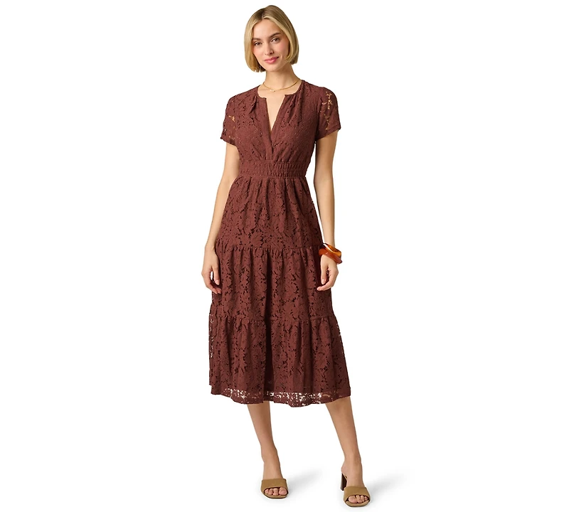 Adrianna Papell Women's Lace Detail Tiered Midi Dress