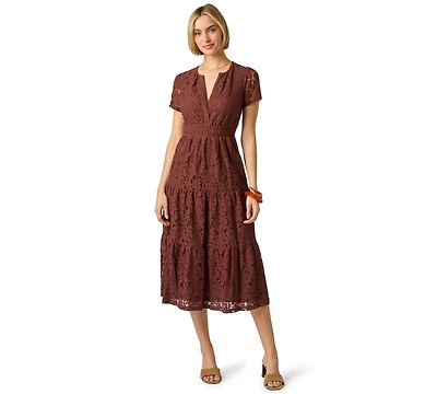Adrianna Papell Women's Lace Detail Tiered Midi Dress