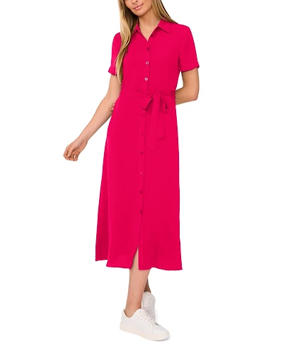 CeCe Women's Short-Sleeve Belted Midi Shirtdress
