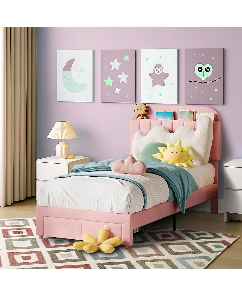 homfan Twin Bed Frame for Kids, Upholstered Platform Bed with Storage Drawer and Bookcase Headboard, Noise-Free Easy Assembly Bed