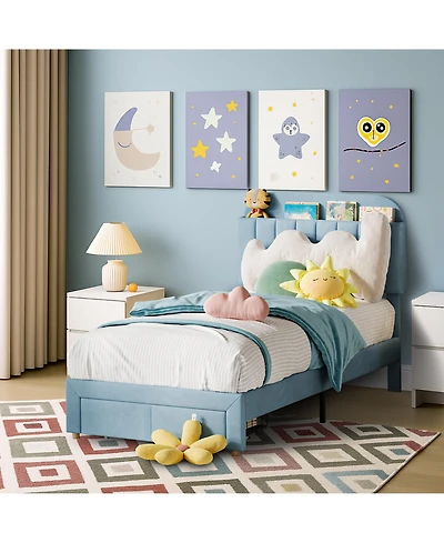 homfan Twin Bed Frame for Kids, Upholstered Platform with Storage Drawer and Bookcase Headboard, Noise-Free Easy Assembly