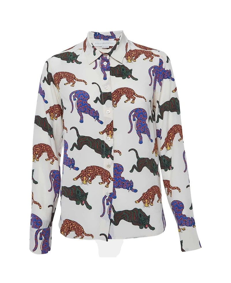 Pre-Owned Stella Mccartney Women's Cat Print Silk Long Sleeve Shirt