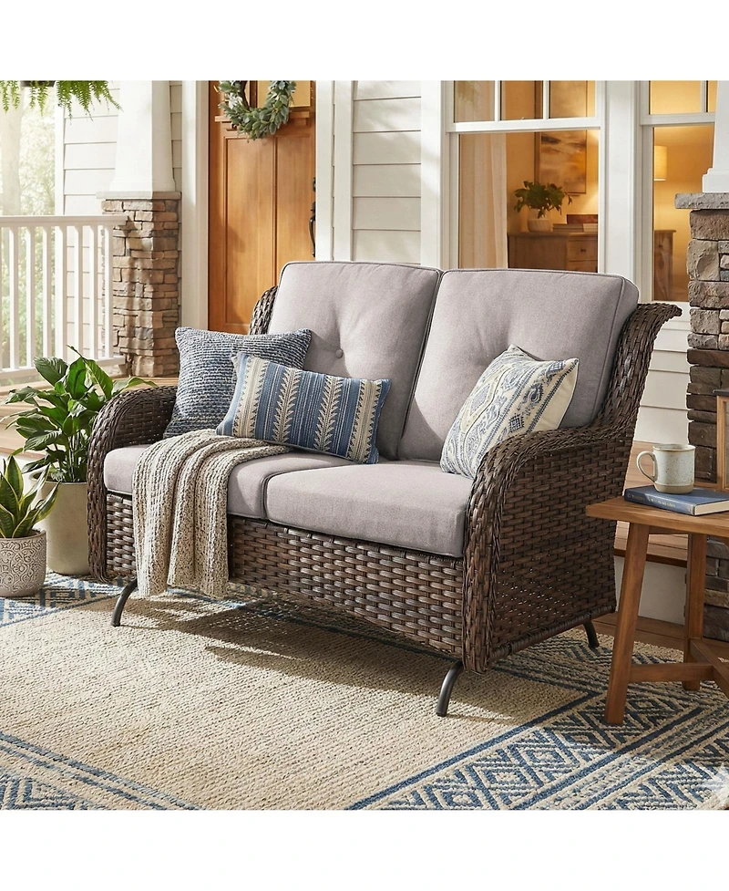 Pocassy 2-Person Wicker Outdoor Patio Glider Couch with Deep Seating and Cushions, Suitable for Porch Deck Balcony