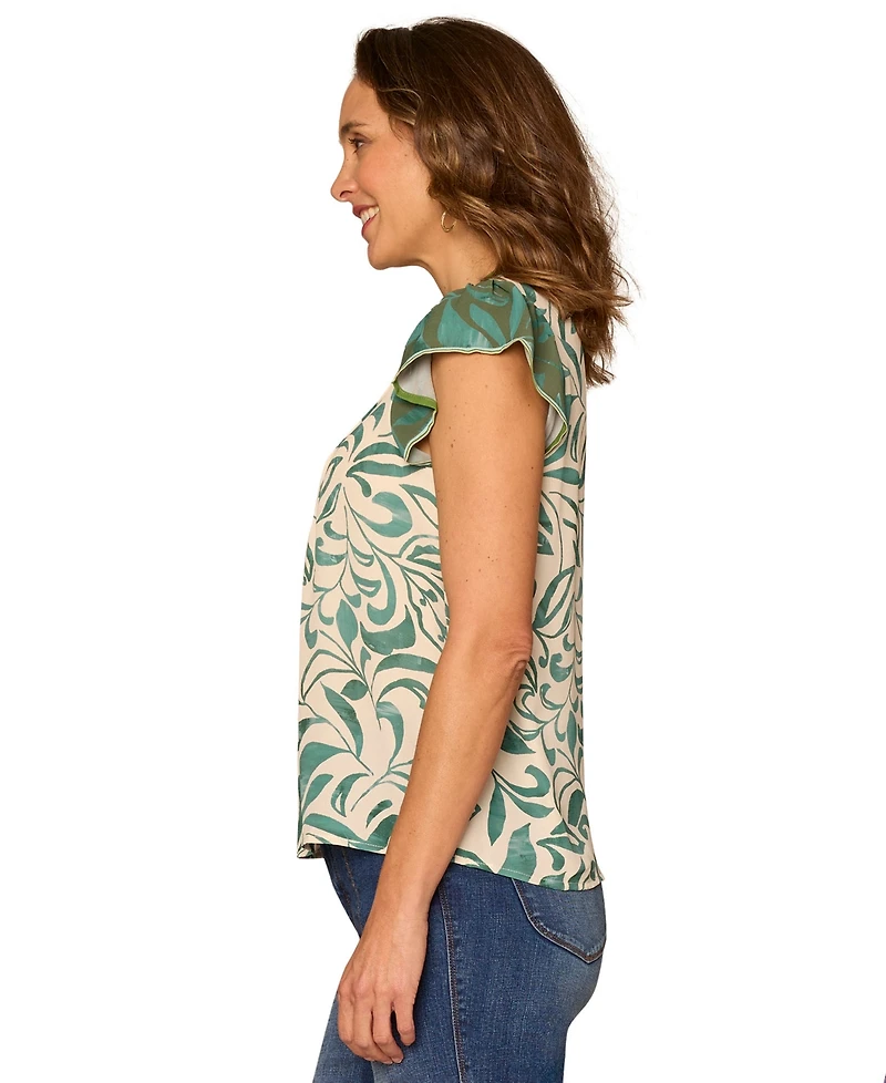 Democracy Petite Printed Split Neck Top