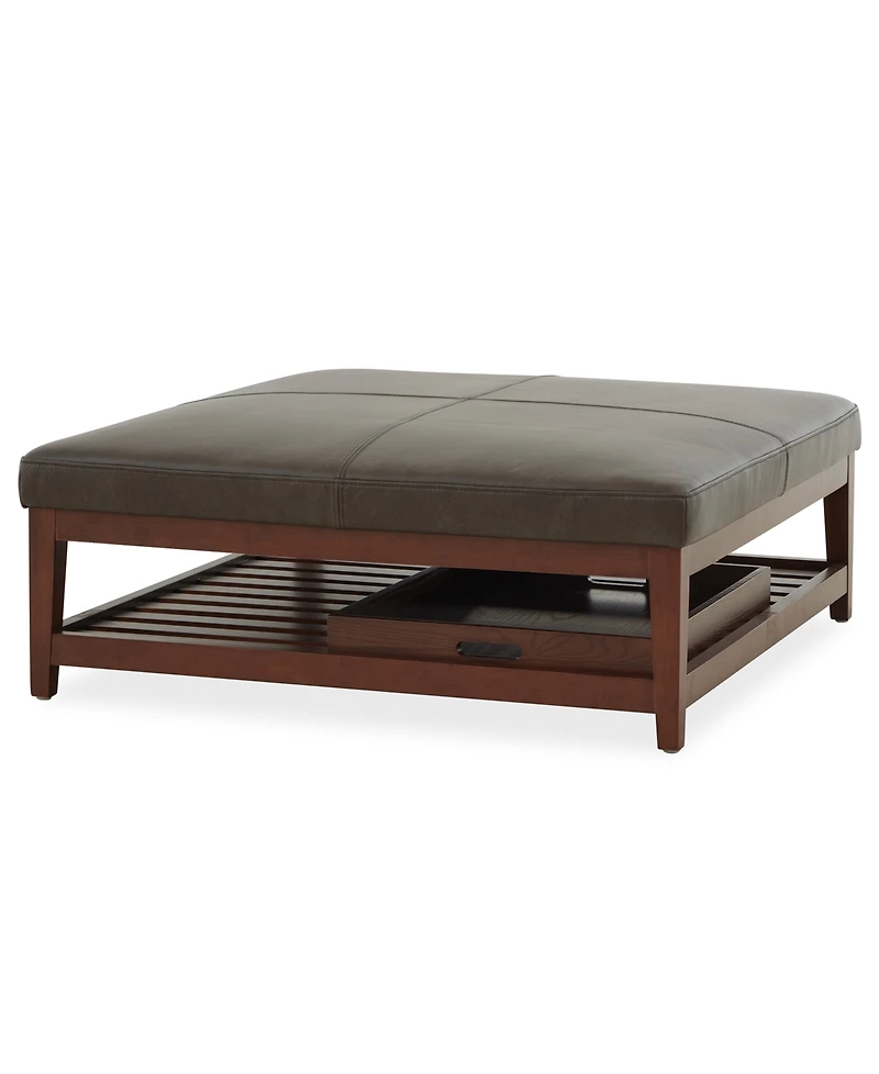 Jacey 17" Leather Square Wood Tray Ottoman