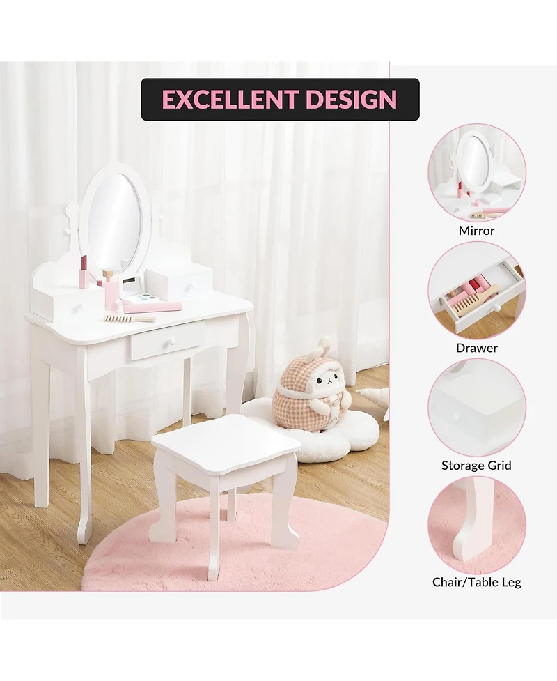 gaomon Kids Vanity Table and Chair Set with Oval Mirror, Drawer & Stool, Wooden Pretend Play Set.