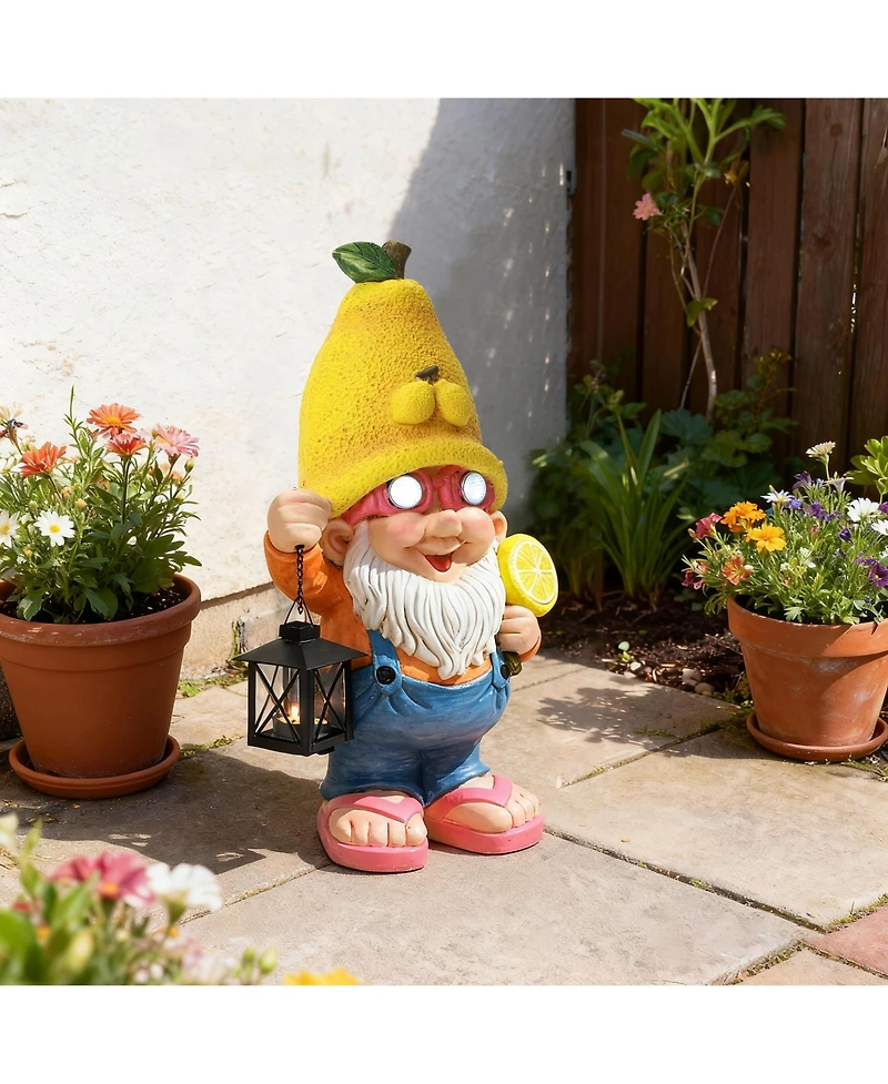 LuxenHome 18" Solar Powered Garden Gnome Outdoor Statue with Lantern, Lemon Hat Gnome Sculpture for Lawn, Garden