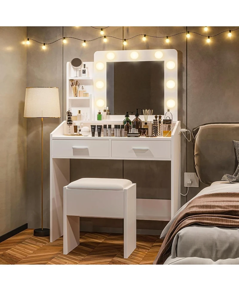 gaomon Modern Vanity Desk with Large Mirror, Dimmable Led Lights, Power Outlet