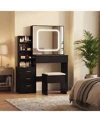 gaomon Makeup Vanity Desk with Sliding Led Mirror, Power Outlet, 4 Drawers, Shelves & Cushioned Stool