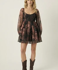 Modenaire Women's Floral Organza Puff-Sleeve Mini Dress
