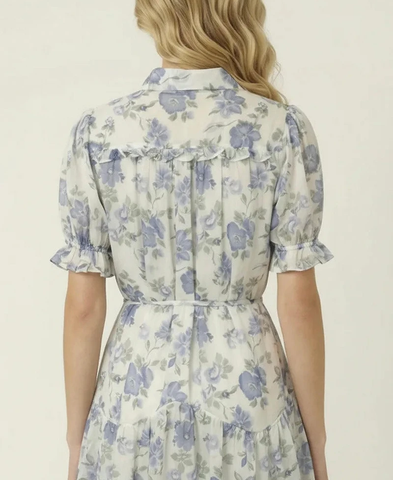 Modenaire Women's Floral Tie-Waist Ruffle-Hem Shirt Dress