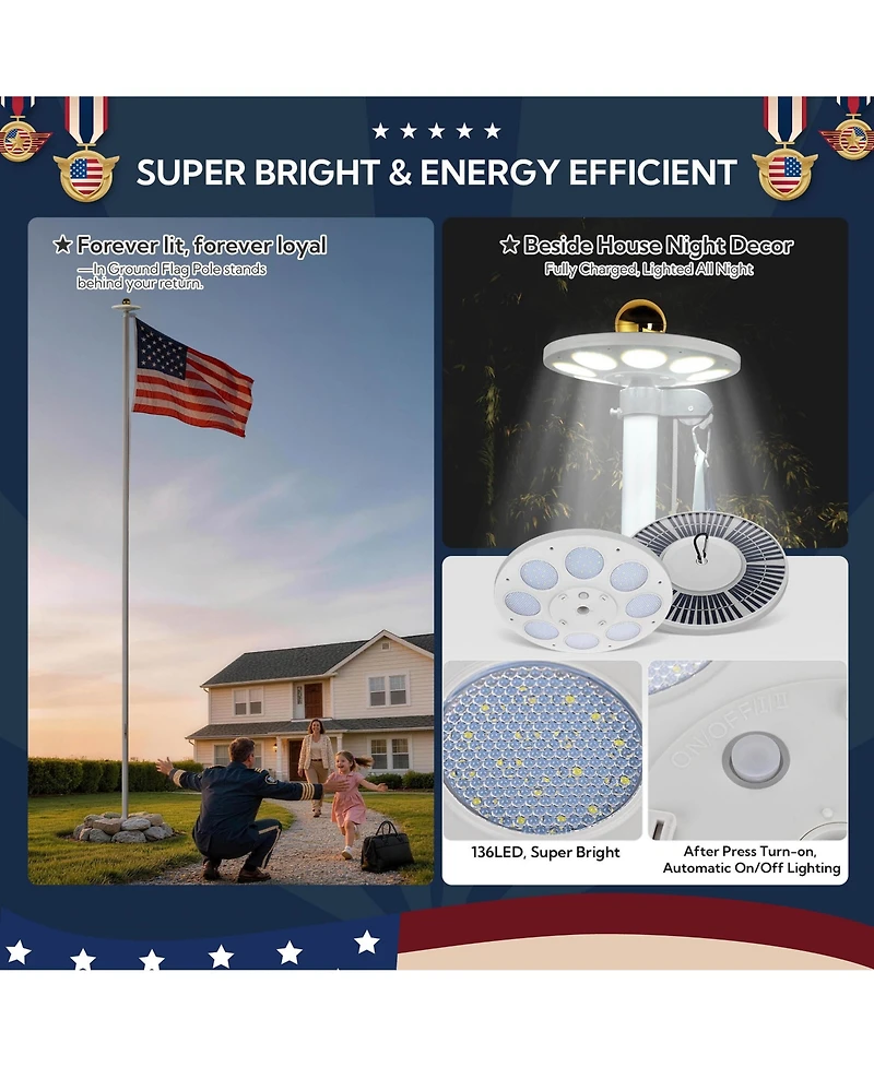 Yescom Bravery 20ft 13 Gauge Sectional Flag Pole with Solar Light Outside House