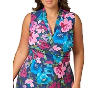 Adrianna Papell Plus Printed V-Neck Sleeveless Midi Dress