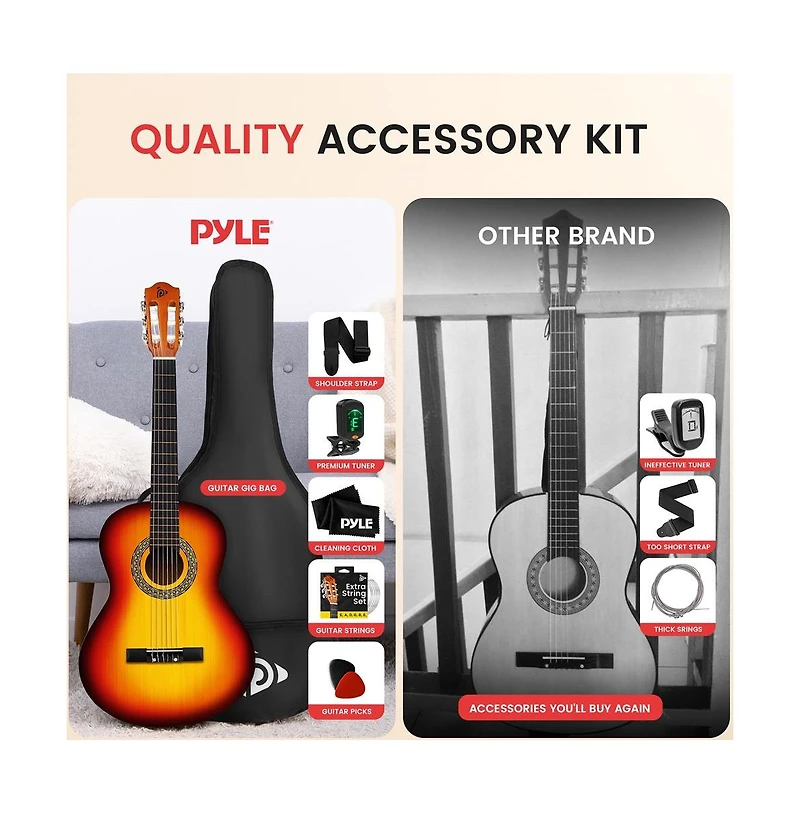 Pyle 36" 3/4 Scale Classical Guitar Kit with Digital Tuner & Accessories - PGACLS82BB