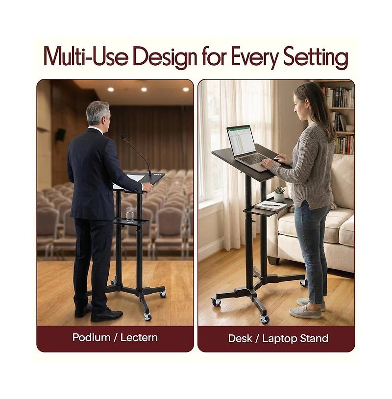 Pyle Adjustable Mobile Lectern Podium Stand with Led Light - Rolling Presentation Desk with Shelves and Locking Wheels