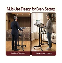 Pyle Adjustable Mobile Lectern Podium Stand with Led Light - Rolling Presentation Desk with Shelves and Locking Wheels