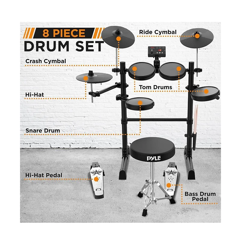 Pyle 7-Piece Electric Drum Set with Midi Support, Preloaded Sounds, Cymbals, Foot Pedals, and Mac/Pc Compatibility