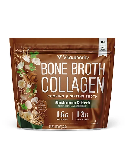 Vitauthority Bone Broth Collagen Mushroom Powder, 310 Gram Pouch, Protein and Collagen Support