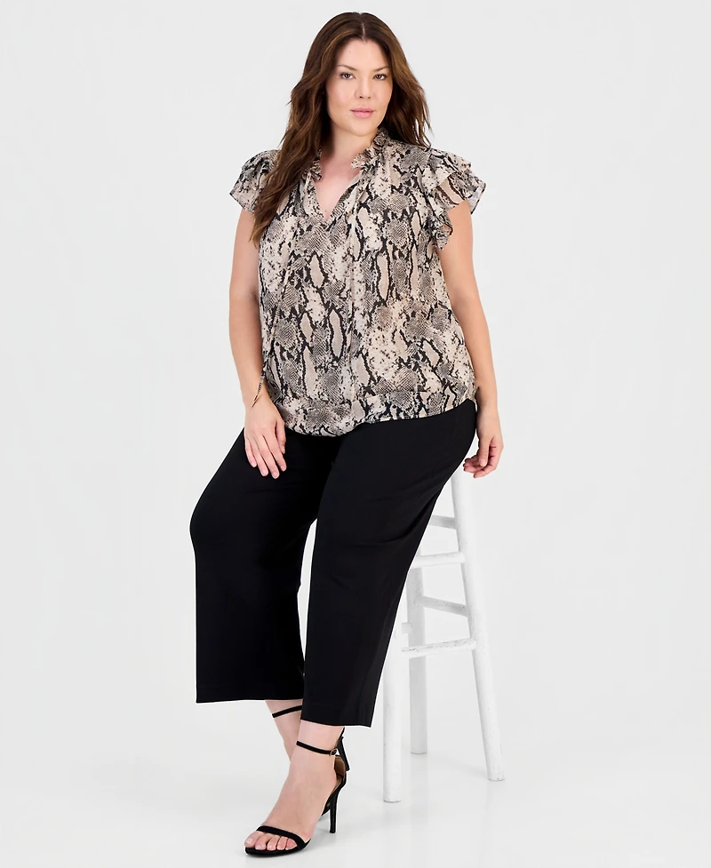 Anne Klein Plus Size Printed Split-Neck Flutter-Sleeve Blouse