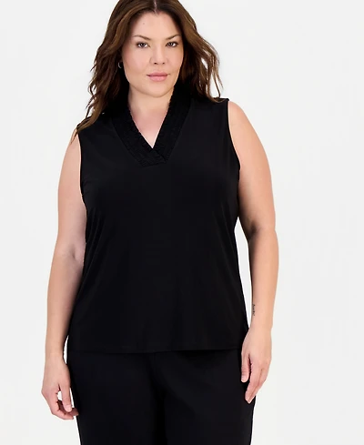 Anne Klein Plus Smocked V-Neck Sleeveless Top