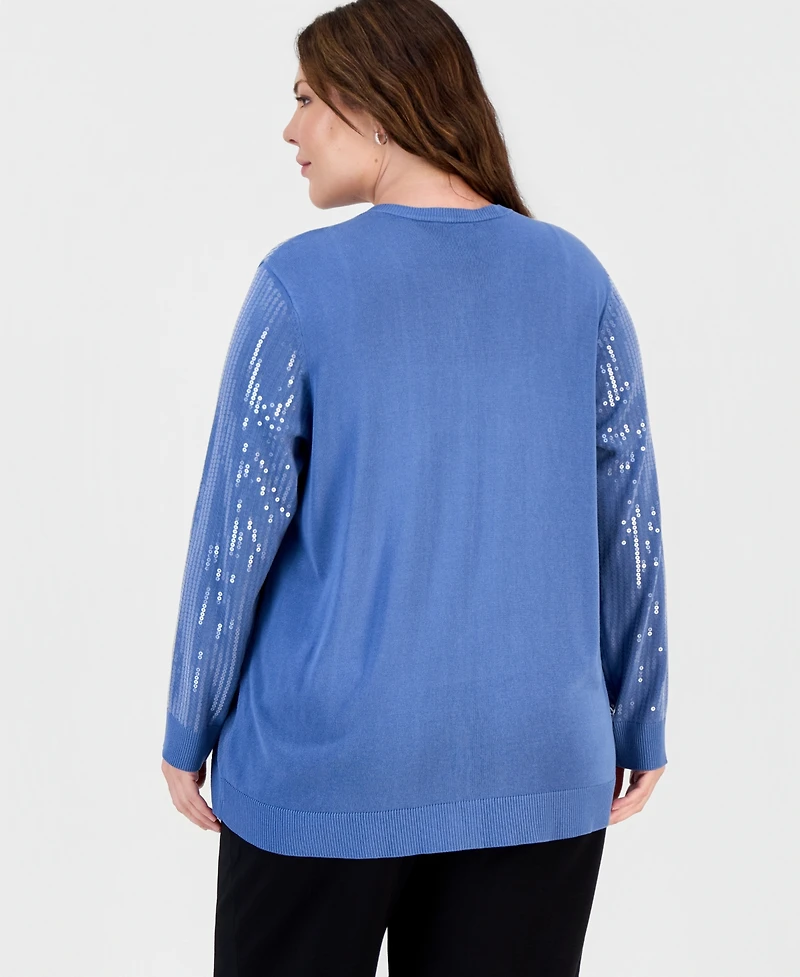 Anne Klein Plus Sequin-Front Crewneck Cardigan