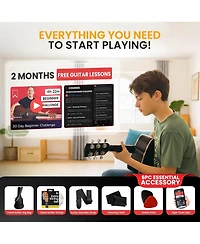 Pyle Left-Handed Beginner Acoustic Guitar Kit - 3/4 Junior Size 36" All-Wood Guitar with Accessories, Tuner App & Lessons, Natural Gloss