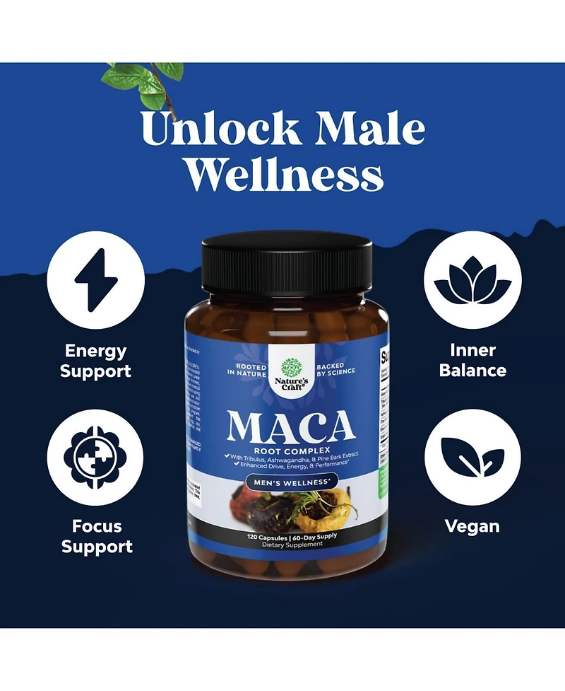 Nature's Craft Maca Root Complex for Men with Siberian Ginseng, Ashwagandha and Black Maca Herbal Supplement for Men's Health, 120 Capsules