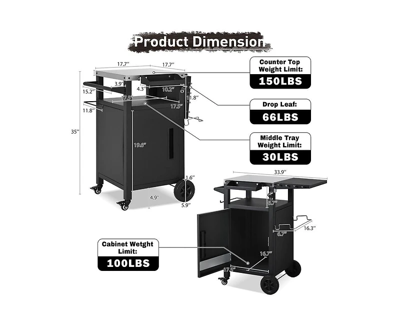 sumyeg 33.9-Inch Outdoor Grill Cart with Drop Leaf, Stainless Steel Top, Storage Cabinet and Wheels