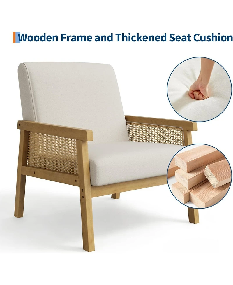 gaomon Linen Accent Chair,Rattan Armchair with Wooden Frame,High Back,Upholstered Reading Chair Leisure Chairs for Living Room Bedroom