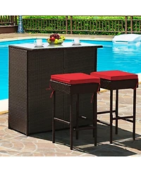 Gouun 3-Piece Patio Rattan Wicker Bar Set with Cushioned Stools and Glass Top