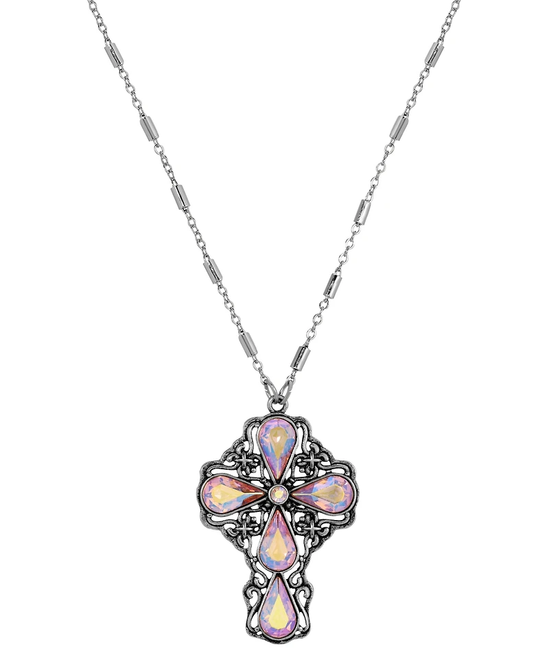 Symbols of Faith Silver Pewter Tone Ab Topaz Teardrop Crystal Pendant Cross 24" Necklace