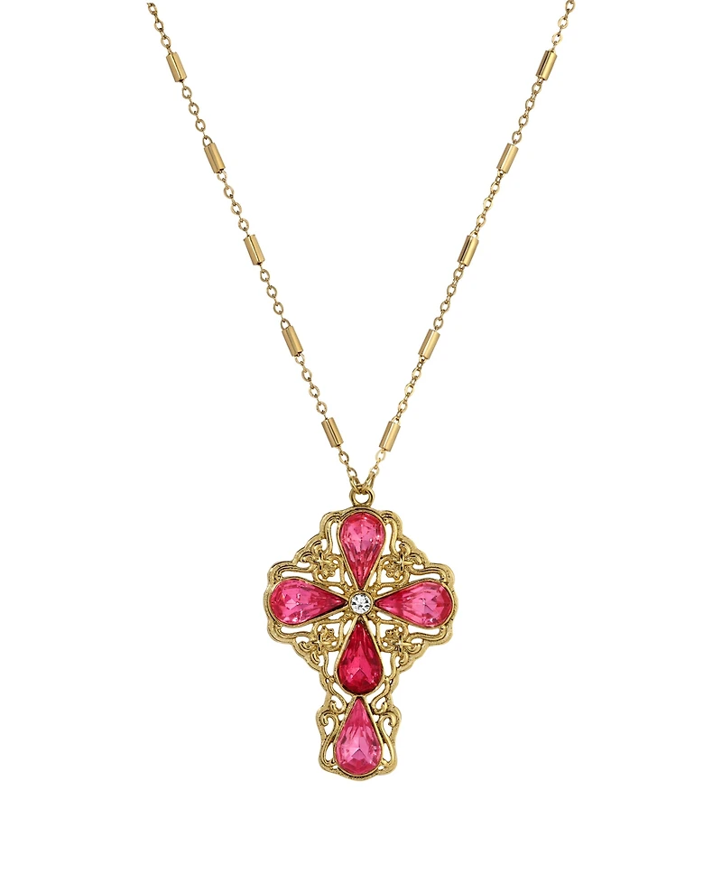 Symbols of Faith Gold-Tone Pink Rose Teardrop Crystal Pendant Cross 28" Necklace