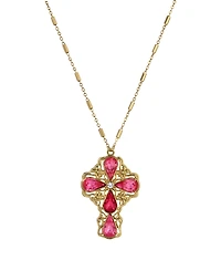 Symbols of Faith Gold-Tone Pink Rose Teardrop Crystal Pendant Cross 28" Necklace