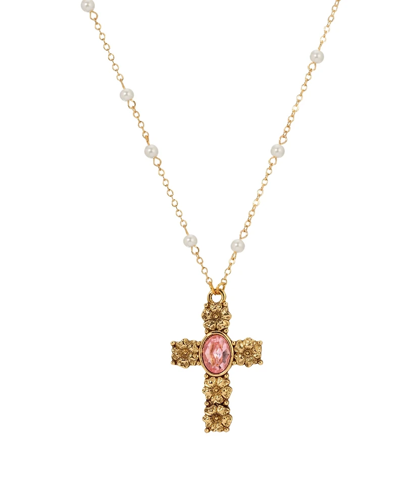 Symbols of Faith Gold-Tone Cross Rose Oval Stone 28" Imitation Pearl Beaded Chain Necklace