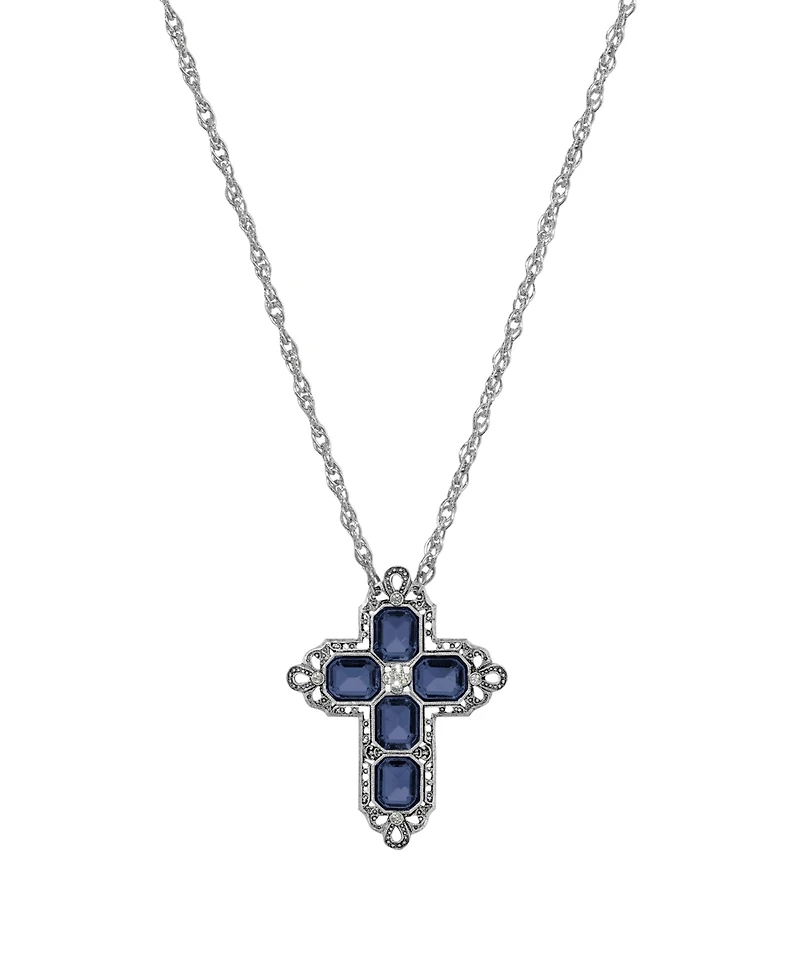 Symbols of Faith Pewter Rectangle Montana Crystal Cross Chain 20" Necklace