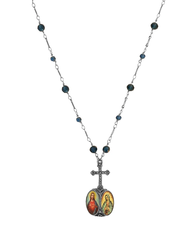 Symbols of Faith Silver-Tone Cross 2-Sided Jesus Decal Pendant Bead Chain Necklace