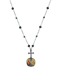 Symbols of Faith Silver-Tone Cross 2-Sided Jesus Decal Pendant Bead Chain Necklace