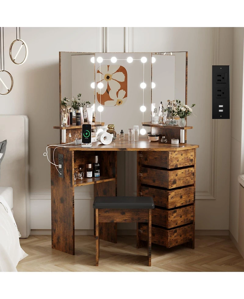 gaomon Farmhouse Vanity Desk with Mirror and Lights,Modern Makeup Vanity with Charging Station