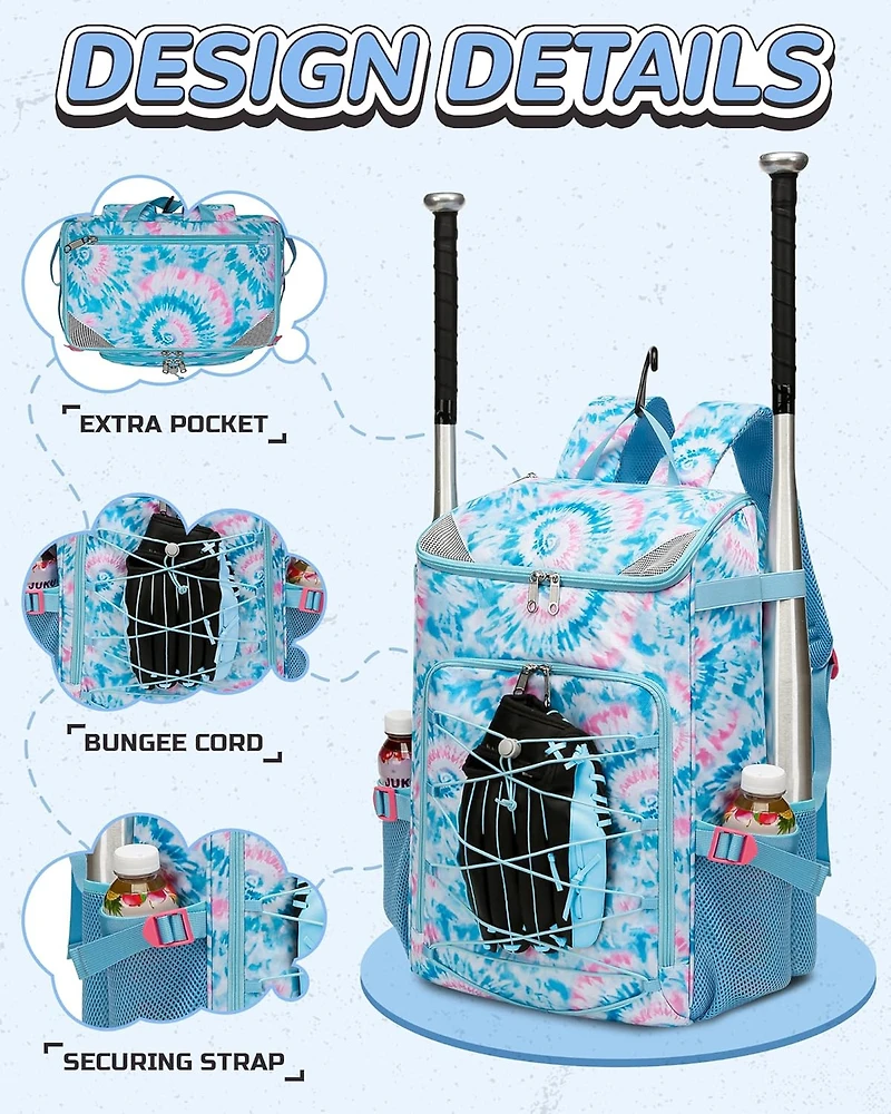 Furlihong Tie-Dye Pattern Baseball and Softball Gear Backpack for Kids Ages 8-14, Youth Bat Bag with Ventilated Shoe Compartment for Cleats, Glove